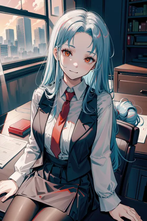 anime girl sitting at desk with city view in background