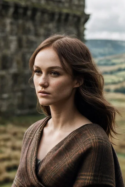 MadisonL_SoloTI_v1,
(In a simple, rustic dress with a plaid shawl and wild, flowing hair, exuding a quiet strength and resilience), (Amidst the rolling hills and ancient castles of Scotland, where whispers of freedom and bravery create a symphony of determ...