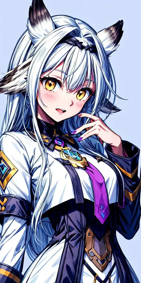 kayamori ema,<lora:kayamori ema6:1.0>,1girl, solo, long hair, white hair, purple nails, long sleeves, looking at viewer, upper body, bangs, yellow eyes, open mouth, simple background, white dress, blush, dress, nail polish, smile, hair flaps, blue backgrou...