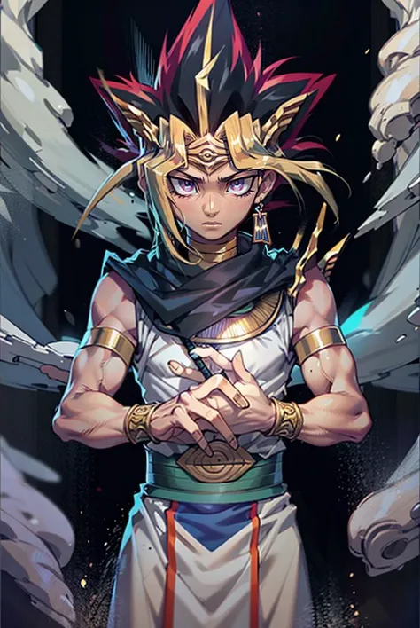 Atem, 1boy, egyptian clothes, eye of horus, jewelry, dark-skinned male, multicolored hair, spiked hair, purple eyes, handsome, perfect hands, muscular, adult male, solo, masterpiece, best quality, 8k, <lora:Atem:1.0>,   <lora:GoodHands-vanilla:0.9> ,  <lor...