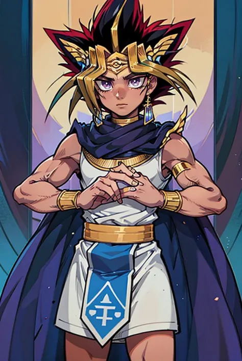 Atem, 1boy, egyptian clothes, eye of horus, jewelry, dark-skinned male, multicolored hair, spiked hair, purple eyes, handsome, perfect hands, muscular, adult male, solo, masterpiece, best quality, 8k, <lora:Atem:1.0>,   <lora:GoodHands-vanilla:0.9> ,  <lor...