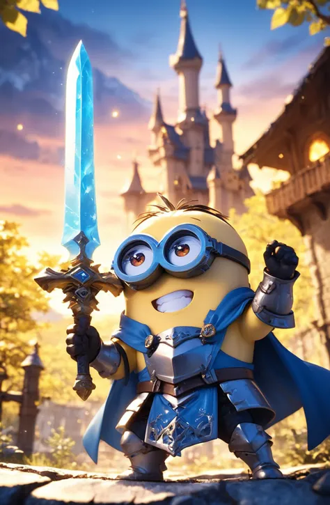 a minion in armor holding a sword in front of a castle