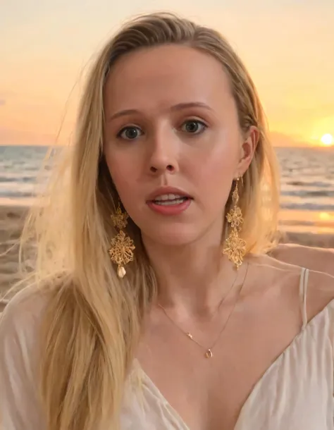 a woman standing on a beach with a sunset in the background