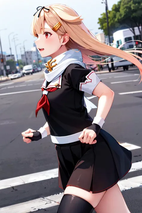 masterpiece, best quality, highres, poi2, yuudachi kai ni (kancolle), hair flaps, white scarf,  hairclip, red neckerchief, black serafuku, black skirt, fingerless gloves, black shirt, <lora:yuudachi_(kancolle)_v1:0.7>, running, from side,