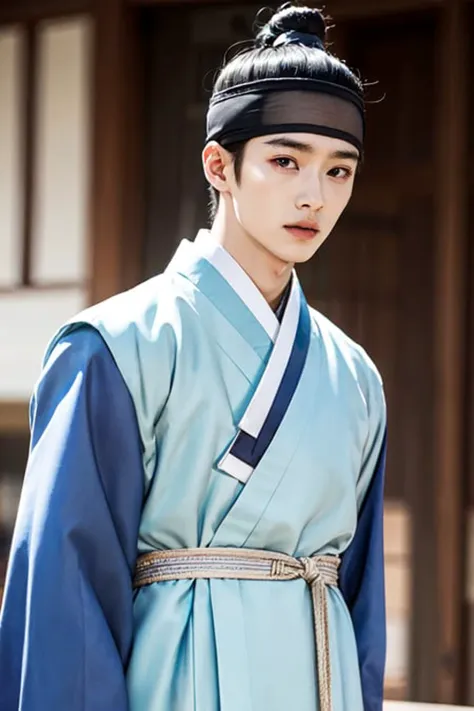 a man in a blue and blue hanbok is standing outside