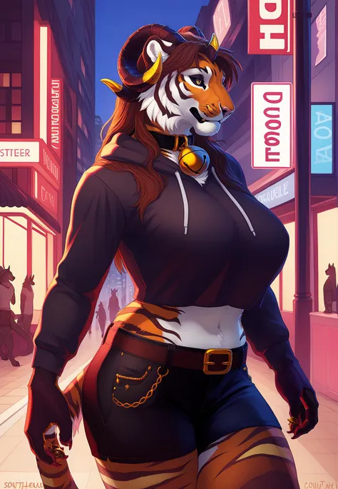 a woman in a tiger mask and a black top is walking down a street