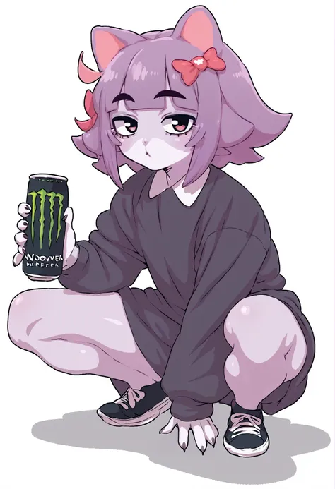 a cartoon picture of a girl with a monster energy drink