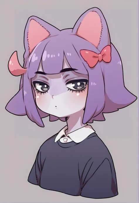 a drawing of a girl with purple hair and a bow