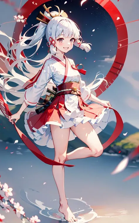 <lora:meinamix_ayaka_v2:0.8>, kamisato, smile, open mouth, white wedding dress, bare legs, red ribbon on wrist, red bowknot on waist, lift right leg, blurred white background, cute, perfect fingers, barefoot, perfect toes