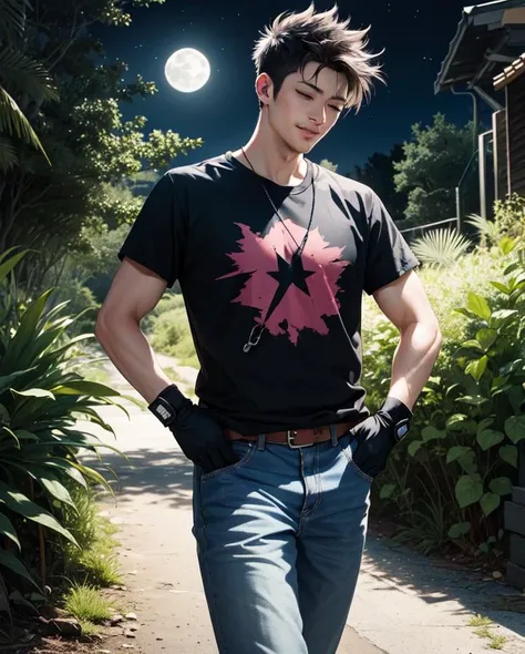 Fight pose, Night:2 an adventurous 1boy walking away, moon in the background, bright purple:2 green neon foreground, rainforest,dark image:2,perfect eyes, 1boy,closed eyes, solo, male focus, black hair, gloves, spiked hair, simple background, white backgr...