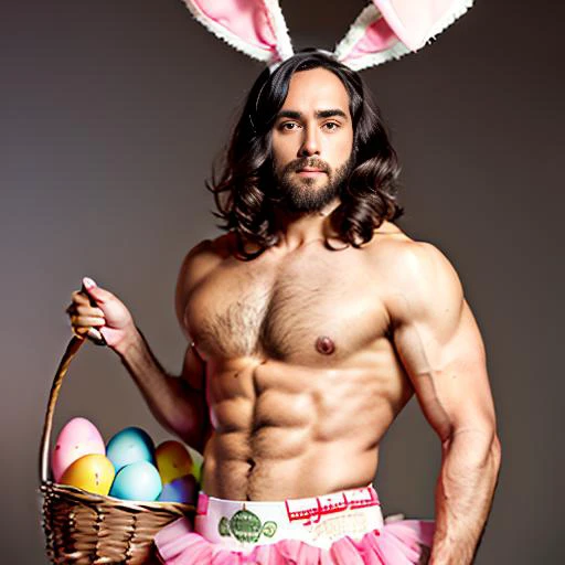 ((jesus christ:1.2, palestinian, india, dark_skin) wearing a easter bunny trendy smart fashion ensemble and flowing art deco vintage tutu), bunny ears, (holding an easter basket):1.2, beard
shirtless, muscular, abdomen, pink tutu, (pink rabbit ears)