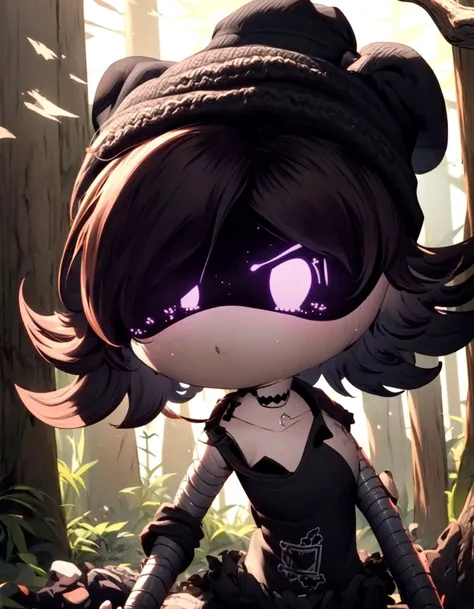 a close up of a cartoon character with purple eyes in a forest