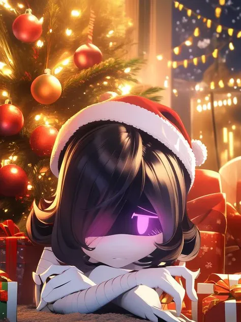 (sfw),(masterpiece,best quality,absurdres:1.2),cinematic lighting, backlighting,
looking_at_viewer, close-up,    
3DMM,
uzi, glowing eyes, shy, blush,
black choker, (santa_costume:1.2), santa_hat, red_hat,white fur_trim, purple_hair, 
indoors, luminescence...