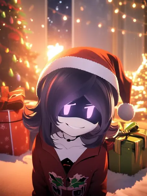 (sfw),(masterpiece,best quality,absurdres:1.2),cinematic lighting, backlighting,
looking_at_viewer, close-up,    
3DMM,
uzi, glowing eyes, smile,arms_behind_head, 
black choker, (santa_costume:1.2), santa_hat, red_hat,white fur_trim, purple_hair,  
indoors...