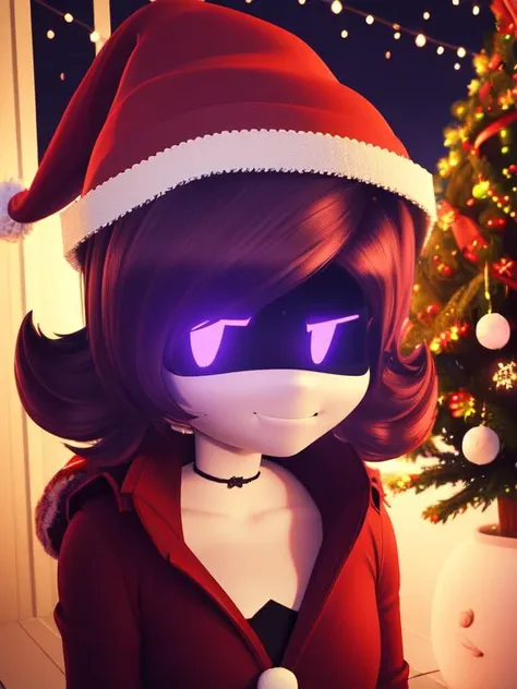 (sfw),(masterpiece,best quality,absurdres:1.2),cinematic lighting, sunset, backlighting,
looking_at_viewer, close-up,    
3DMM,
uzi, glowing eyes, shy, blush,
black choker, (santa_costume:1.2), santa_hat, red_hat,white fur_trim, purple_hair, 
indoors, lumi...