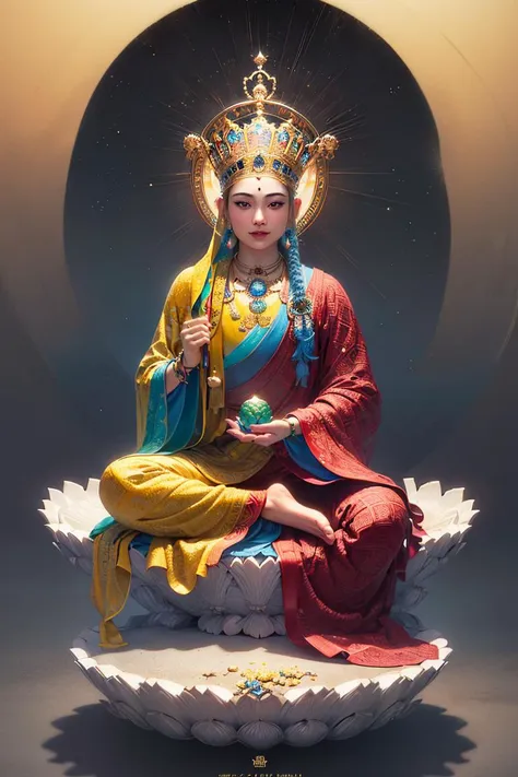 a woman in a yellow robe sitting on a lotus flower