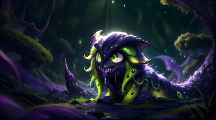 a cartoon monster with green eyes and horns in a forest