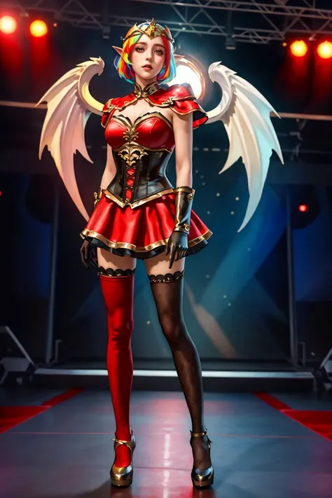 a woman in a red dress and wings on a stage