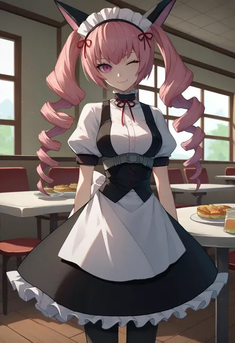 score_9, score_8_up, score_7_up, source_anime, solo, 1girl, faris nyannyan, smile, looking at viewer, standing, twin drills, maid headdress, animal ears, one eye closed, maid, dress, apron, puffy short sleeves, black pantyhose, belt, indoors, restaurant <l...