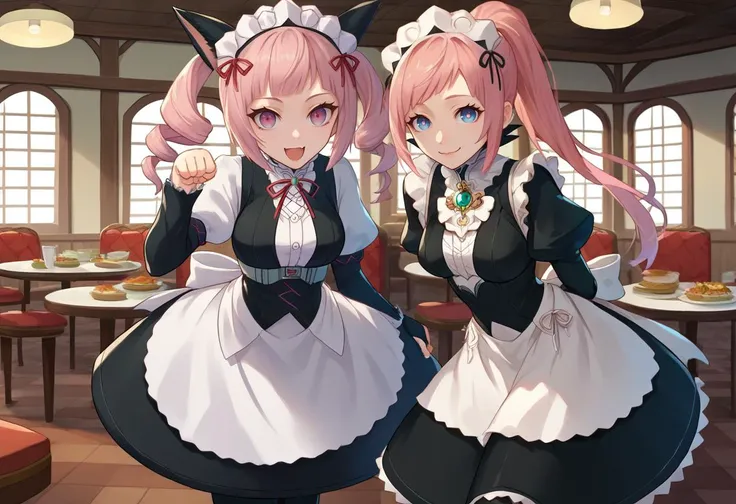 two anime girls in maid uniforms standing in a restaurant