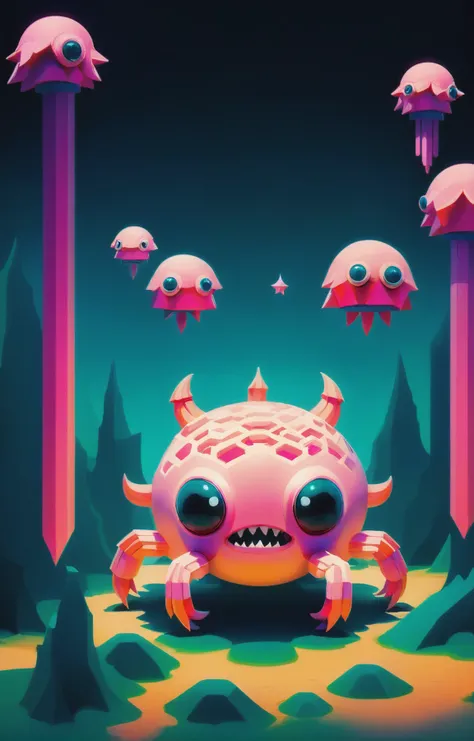 a cartoon illustration of a pink monster surrounded by purple jellys