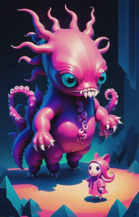 a pink and purple monster with a small pink cat standing next to it