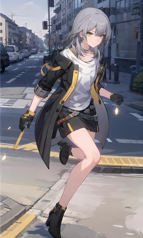 (masterpiece, best quality, highres),
<lyco:stelle_v03:0.6>, stelle (honkai star rail),
black jacket, open clothes, white shirt, black skirt, thigh strap, black gloves, running, boots,
street, building