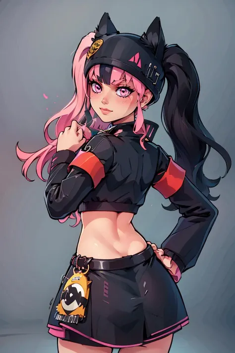 ((masterpiece,best quality)), absurdres, <lora:Zoe_Rayne_Palworld:0.8>, Zoe_Rayne, 1girl, solo, pink eyes,  multicolored hair, two-tone hair, twintails, long hair, black hat, animal ear headwear, black choker, black jacket, cropped jacket, choker, belt, mi...