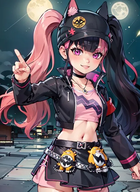 ((best quality)), ((highly detailed)), masterpiece, , (1girl), solo, multiple views, dynamic pose, upper body, <lora:Zoe_Rayne_Palworld:.7>, Zoe_Rayne, long hair, multicolored hair, two-tone hair, split-color hair, twintails, pink eyes, smiling, black hat,...