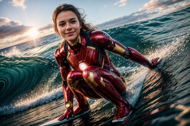 marvel movies,photo of a 18 year old girl,ironman,happy,surfing,huge waves,ray tracing,detail shadow,shot on fujifilm x-t4,85mm ...