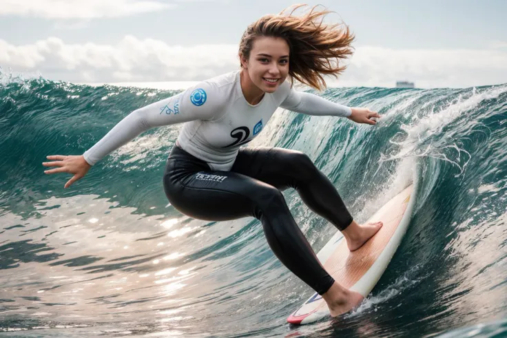 photo of a 25 year old girl,happy,surfing,standing on surfboard,bare hands,huge waves,ray tracing,detail shadow,shot on fujifilm...