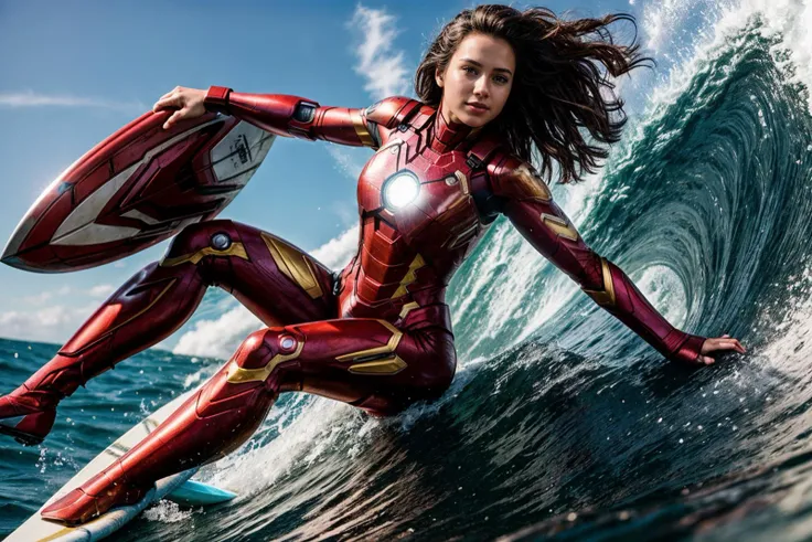 marvel movies,full body,photo of a 18 year old girl,ironman,surfing,happy,bare hands,waves,huge waves,ray tracing,detail shadow,...