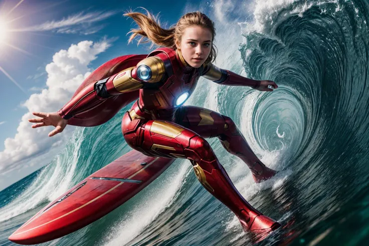 marvel movies,photo of a 18 year old girl,ironman,happy,surfing,standing on surfboard,bare hands,huge waves,ray tracing,detail s...