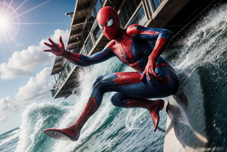 marvel movies,photo of a 18 year old girl,spiderman,happy,surfing,standing on surfboard,bare hands,huge waves,ray tracing,detail...