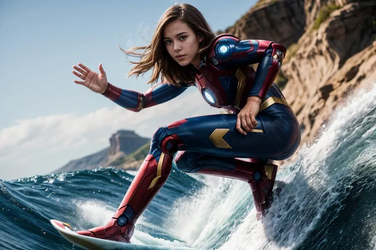 marvel movies,photo of a 18 year old girl,ironman,happy,surfing,standing on surfboard,bare hands,huge waves,ray tracing,detail s...