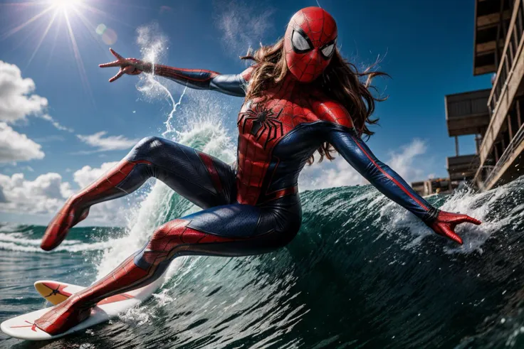 marvel movies,full body,photo of a 18 year old girl,spiderman,surfing,happy,bare hands,waves,huge waves,ray tracing,detail shado...