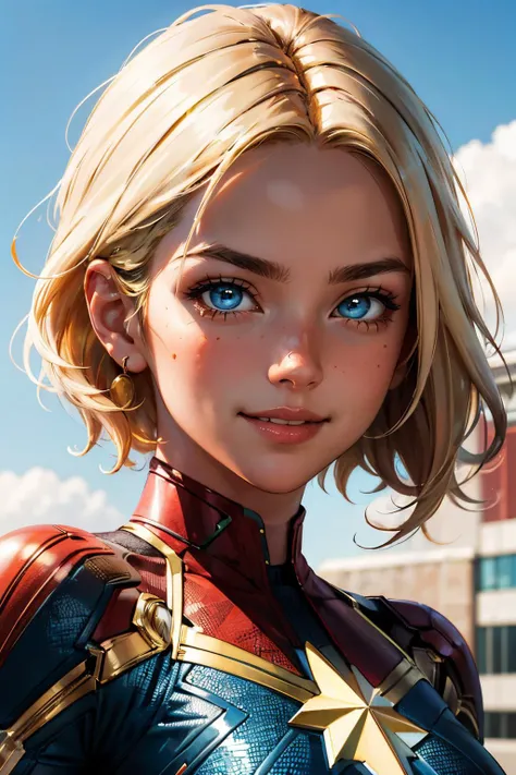 cptmarvel,blonde hair,blue eyes, bodysuit, looking at viewer, smiling, portrait, outside, blue sky, extreme detail, masterpiece, <lora:cptmarvel-nvwls-v1:.8>