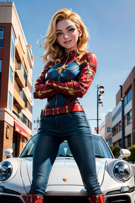 cptmarvel, blonde hair,blue eyes, jacket, belt, jeans, boots, looking at viewer, smiling, 
arms crossed, sports car, headlights, hood, porsche 911, outside, city, blue sky, department store in background, extreme detail, masterpiece, <lora:cptmarvel-nvwls-...