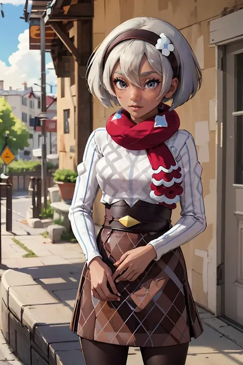 (masterpiece, best quality), 1girl,   <lora:bea_(pokemon):0.8>  ccbea,dark skin,short hair,hair between eyes,black hairband,white flower,eyelashes,red scarf,white sweater,long sleeves,belt,brown skirt,pantyhose,black pantyhose,boots,brown footwear