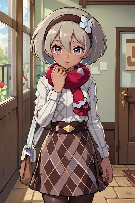 (masterpiece, best quality), 1girl,   <lora:bea_(pokemon):0.8>  ccbea,dark skin,short hair,hair between eyes,black hairband,white flower,eyelashes,red scarf,white sweater,long sleeves,belt,brown skirt,pantyhose,black pantyhose,boots,brown footwear