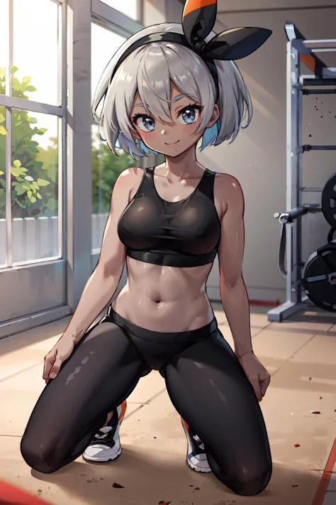 masterpiece, best quality, ultra-detailed, extremely detailed,illustration, 1girl, solo, aabea,dark skin,short hair,hair between eyes,bow hairband,black hairband, sports bra, black leggings, sneakers, medium breasts, thick thighs, smile, kneeling, gym, ind...