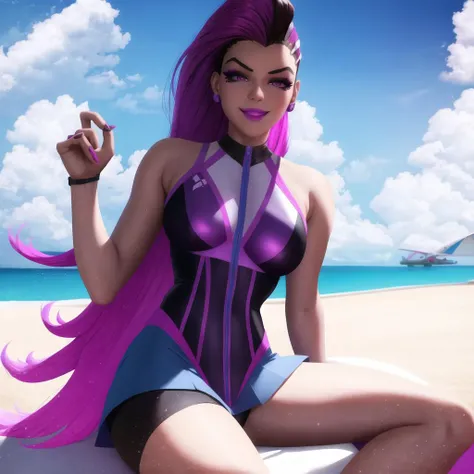 sombra, (lipstick, makeup, mascara, eyeshadow, eyeliner, long fingernails, nail polish:0.5), one-piece swimsuit, sheer waist skirt, smug smile, beach, sky with clouds, ultrarealistic, best quality <lora:sombraOverwatchLORA_v2:0.6>