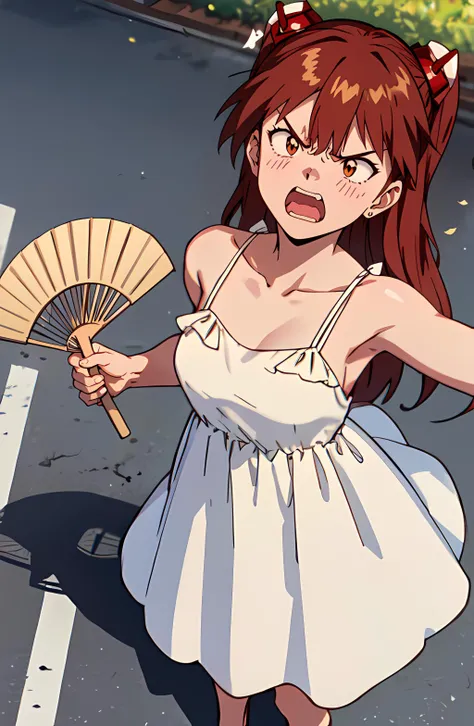 masterpiece, best quality, 1girl, Asuka, red long hair, cream summer dress, (at thepark, angry:1.2),  holding a fan, looking up, <lora:evangelion_anime_style_offset:1>,