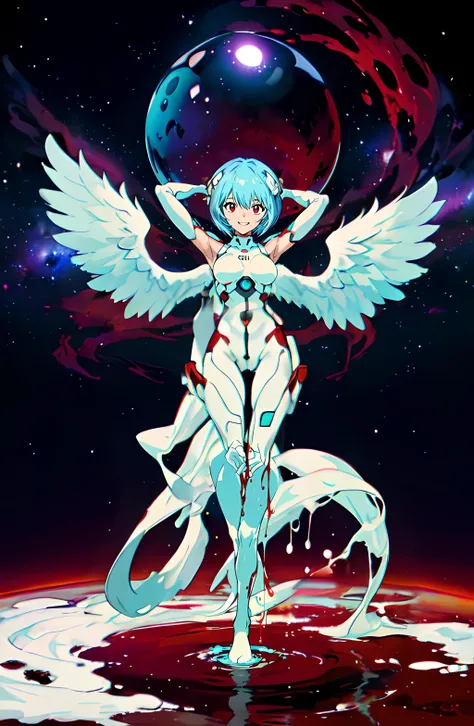 masterpiece, high res, 1girl, Rei Ayanami, white plugsuit, empty red weird eyes, smile grin, giant, rising out of a red liquid planet, teal aurora borealis, angel wings, holding a sphere,  front view<lora:evangelion_anime_style_offset:1>