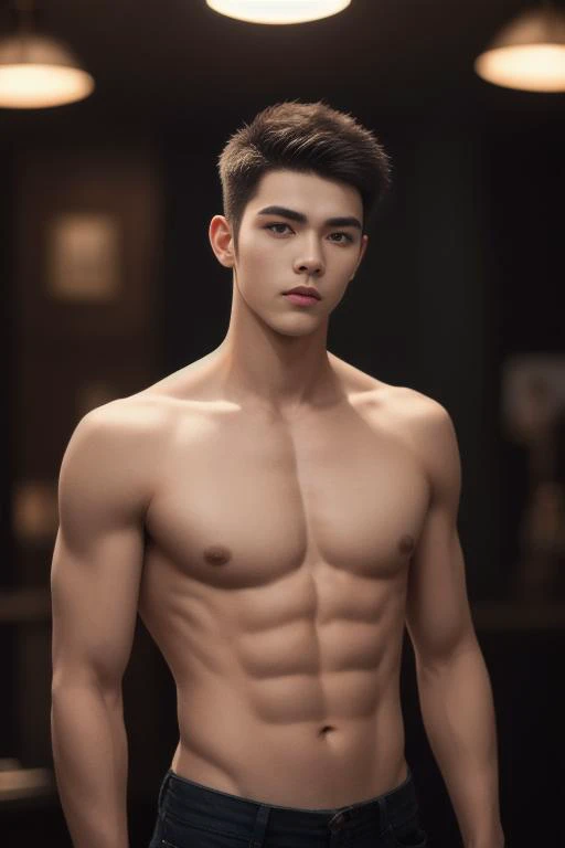 ((masterpiece)),((bestquality)),8k,high detailed,ultra-detailed, depth of field, wide angle,1boy, male focus, solo, handsome face, Neutral Expression, Stylish Pose, ,real skin texture,cinematic lighting,upper body, topless male, slim bodyshape,skinny,