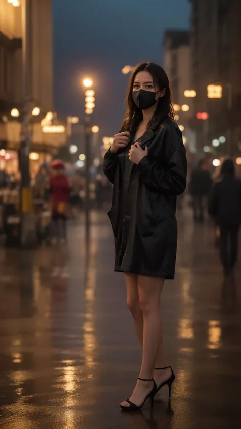 ((best quality)),8k,high detailed,ultra-detailed,midnight ambiance,Big Ben chimes,solitary figure under streetlamp,torrential rain,high heels standing out,sorrowful yet elegant pose,elusive identity,struggling to find self,flickering streetlights,air of me...