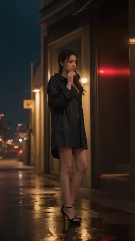 ((best quality)),8k,high detailed,ultra-detailed,midnight ambiance,Big Ben chimes,solitary figure under streetlamp,torrential rain,high heels standing out,sorrowful yet elegant pose,elusive identity,struggling to find self,flickering streetlights,air of me...