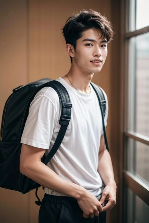 a man with a backpack standing in front of a window