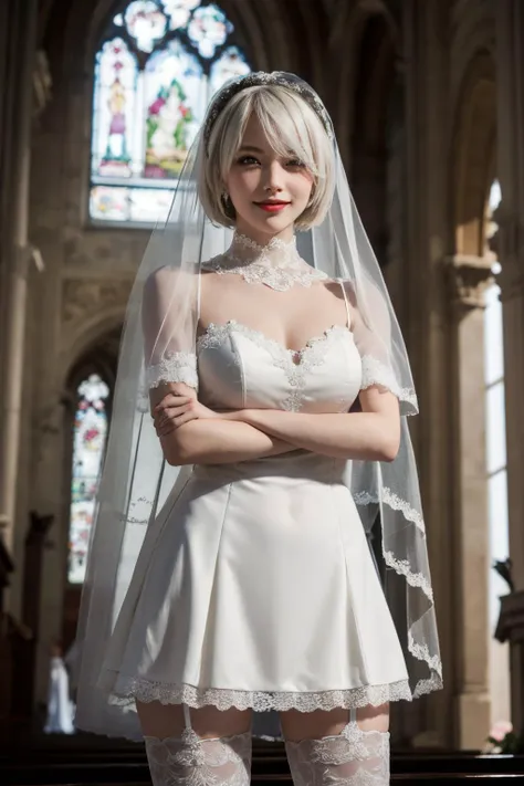 <lora:susu_bride 2b2:0.7>masterpiece,best quality,1girl,Nier.2b(Bride),hair over one eye,bridal veil,dress,thighhighs,light smile,crossed arms,church,(white rose petals),