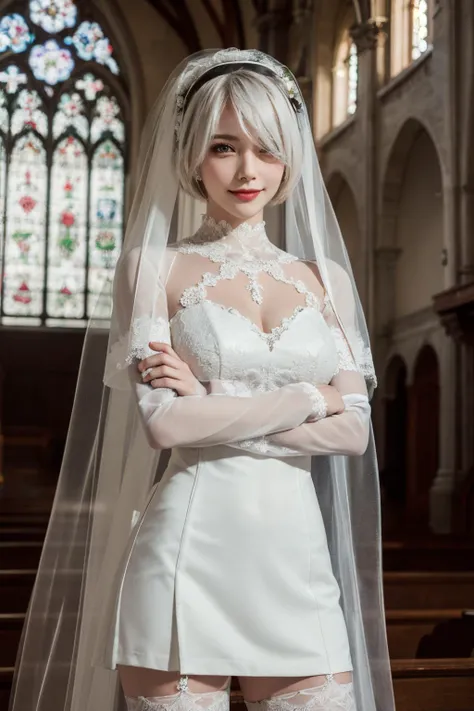 <lora:susu_bride 2b2:0.7>masterpiece,best quality,1girl,Nier.2b(Bride),hair over one eye,bridal veil,dress,thighhighs,light smile,crossed arms,church,(white rose petals),